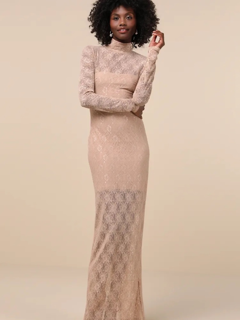Lulu's Long-Sleeve Lace Maxi Dress in Nude Blush